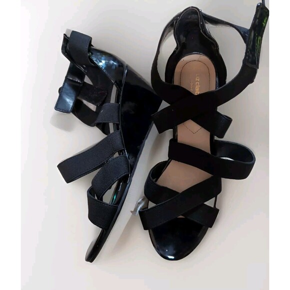 Liz Claiborne  9M "Nest" Strappy Black Patent Leather Wedge Strappy Heel 2.75" - Picture 1 of 10